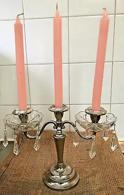 Buy Silver Plate 3 Candle Candelabra With Cut Glass Drip Trays And Crystal Droplets • 25.50£
