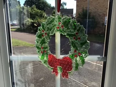 Buy 1970,s  PLASTIC STAINED GLASS EFFECT HANGING HOLLY WREATH CHRISTMAS Vgc  • 6.30£
