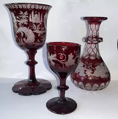 Buy Vintage Ruby Bohemian Flashed Glassware. Three Items • 45£