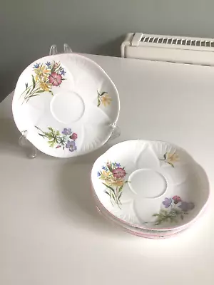 Buy Set Of 4 Shelley  Fine Bone China 'Wild Flowers' 13668 Pink Trim Saucers • 10£