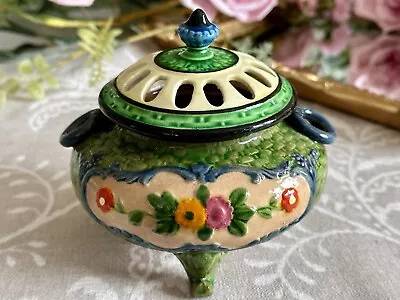 Buy Vintage Maruhon Ware Majolica Style Footed Pot With Reticulated Lid Basket-weave • 28£