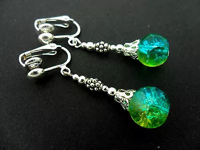 Buy A Pair Of Tibetan Silver Blue/green Crackle Glass Bead  Clip On Earrings. New. • 2.99£