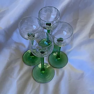 Buy Crystal Pinwheel Pattern Set Of Four Liqueur 4 Inch Glasses With Green Stems • 24.99£