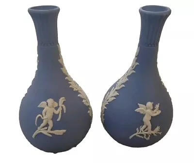 Buy Wedgwood Blue Jasperware Pair Of Narrow Neck Posy Vase • 17.99£