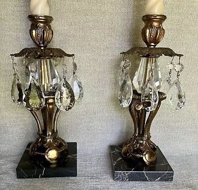 Buy Vtg Hollywood Regency Victorian Black Marble Brass Teardrop Prism Candlesticks • 82.75£