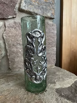 Buy Vintage Art Nouveau Green Crackle Glass Vase With Applied Metal Art  7 3/4 In. • 10.48£