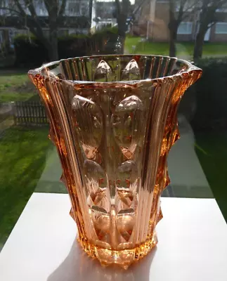 Buy Antique Czech Bohemian Stolzle Art Deco Hand Cut Pressed Glass Vase Peach Pink • 25£