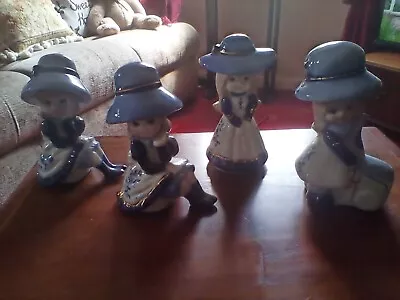 Buy 4 VINTAGE  BLUE AND WHITE CERAMIC FIGURE S  OF LADIES IN HATS,free P&p To Uk. • 9£