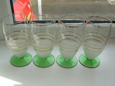 Buy 4 X Vintage Tall Sugar Frosted Drinking Glasses. Green Bases & Gold Lines C1950s • 19.99£