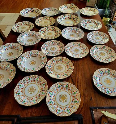 Buy Antique Coalport? 22 Pc Gadrooned Gold Encrusted Dinner Plate Rim Soup Bowl Set! • 1,138.82£
