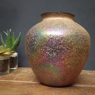 Buy Unusual Glass Vase Small Brown Iridescent Lustre Crackle Painted Round Matt Used • 15£