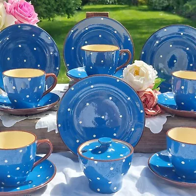 Buy Devonshire Pottery Blue Polka Dot 17 Piece Tea Set C. 1930 • 45£